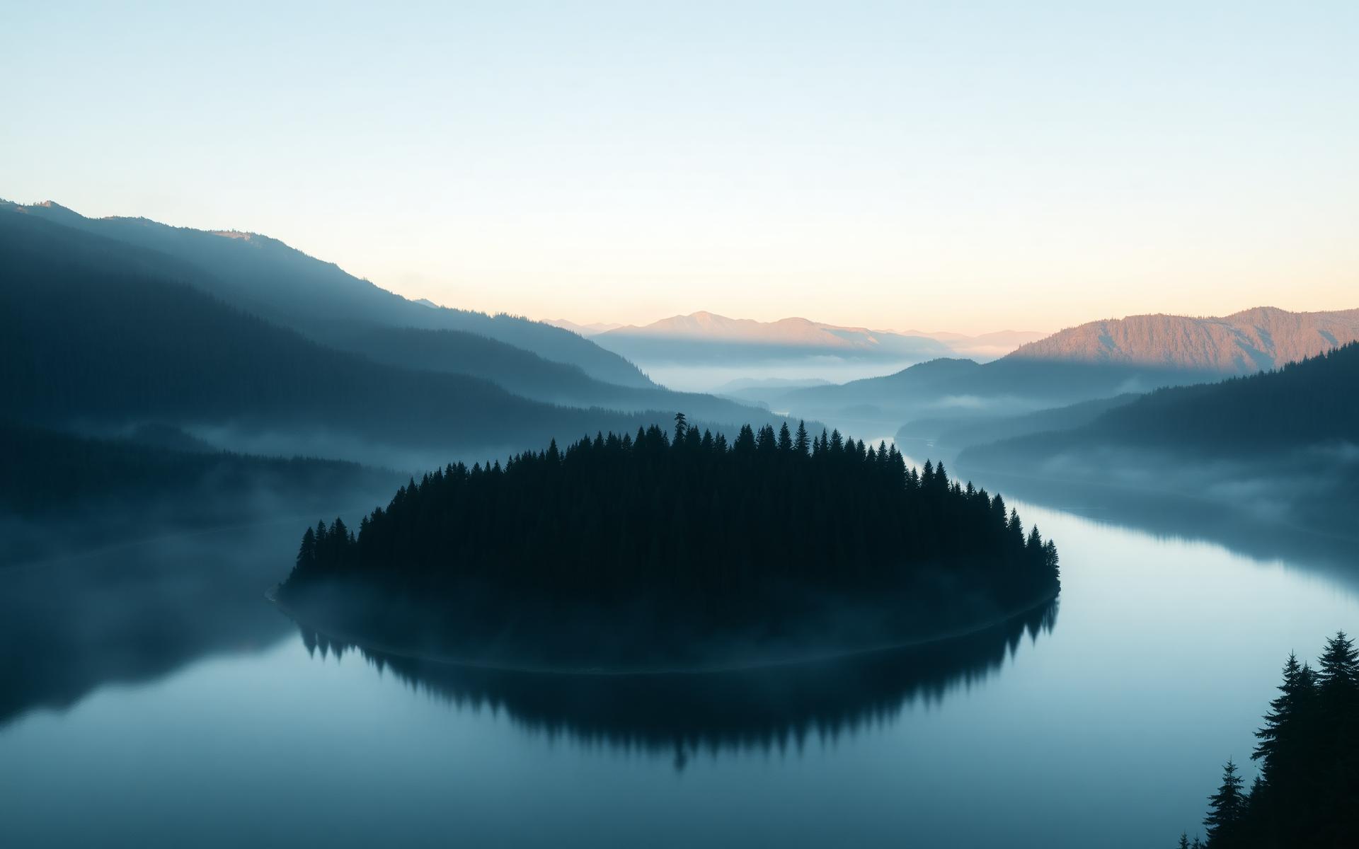 Mountain range and river at dawn
